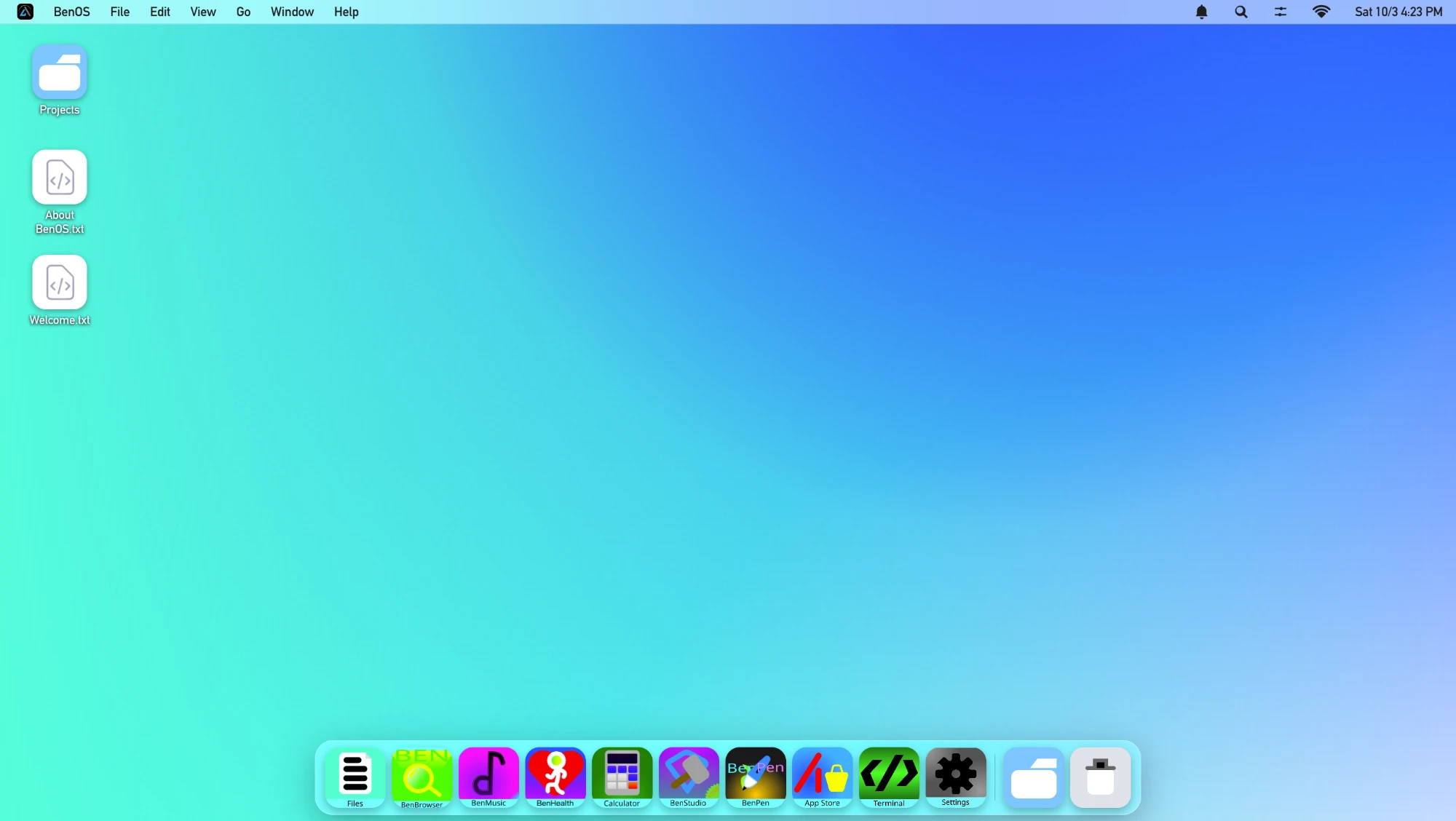 The BenOS HTML desktop: a blue and aqua wallpaper, desktop files, and a dock with Files, BenBrowser, BenMusic, BenHealth, Calculator, BenStudio, BenPen, App Store, Terminal and Settings