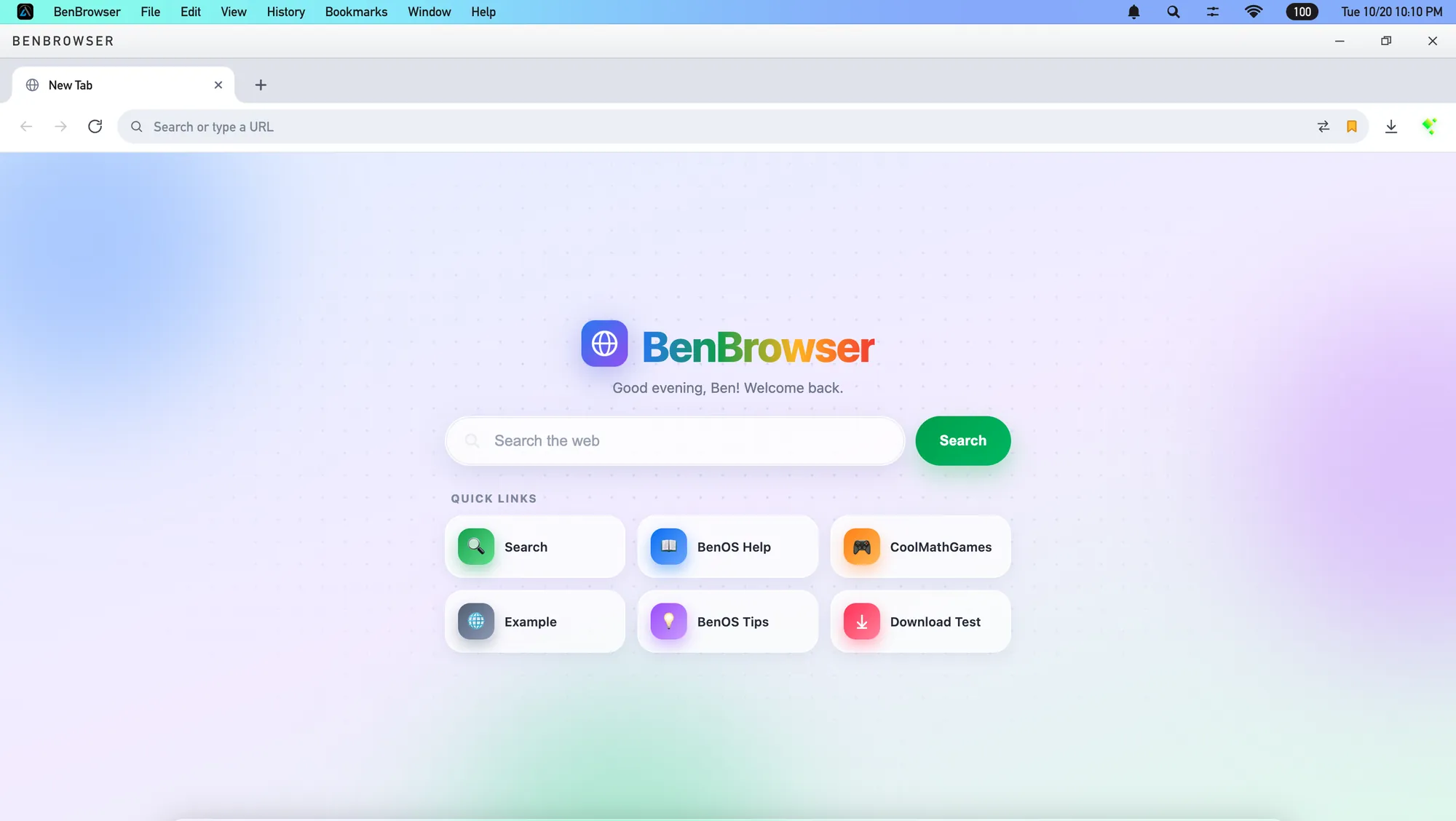 BenBrowser's new tab page, with a search box and quick links