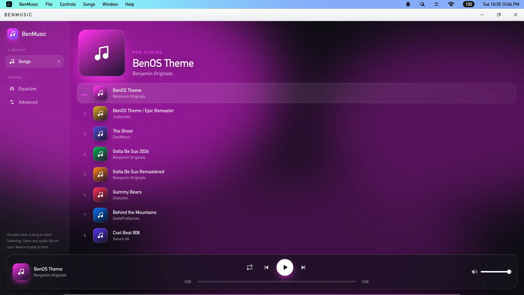 BenMusic playing BenOS Theme, with the song library on screen