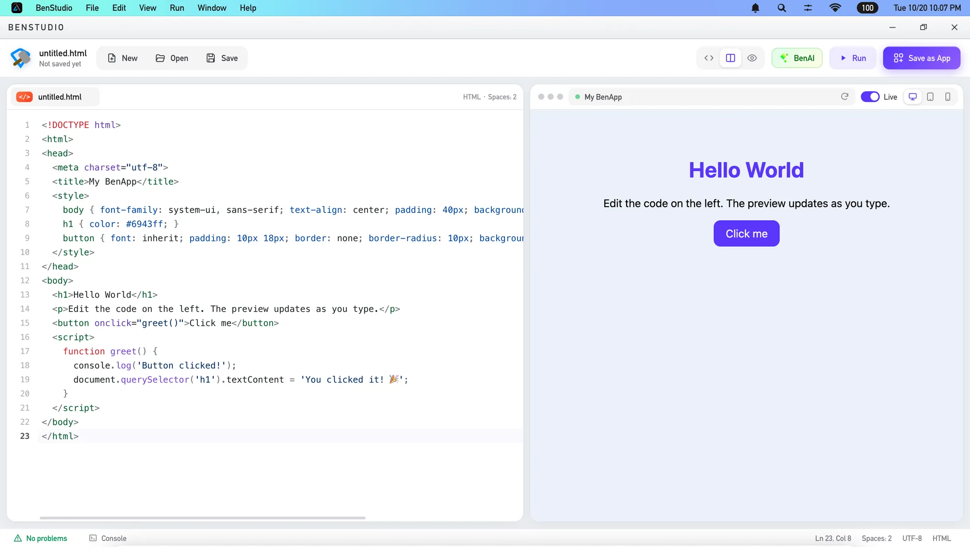 BenStudio, the HTML editor in BenOS Genesis, with code on one side and a live preview on the other