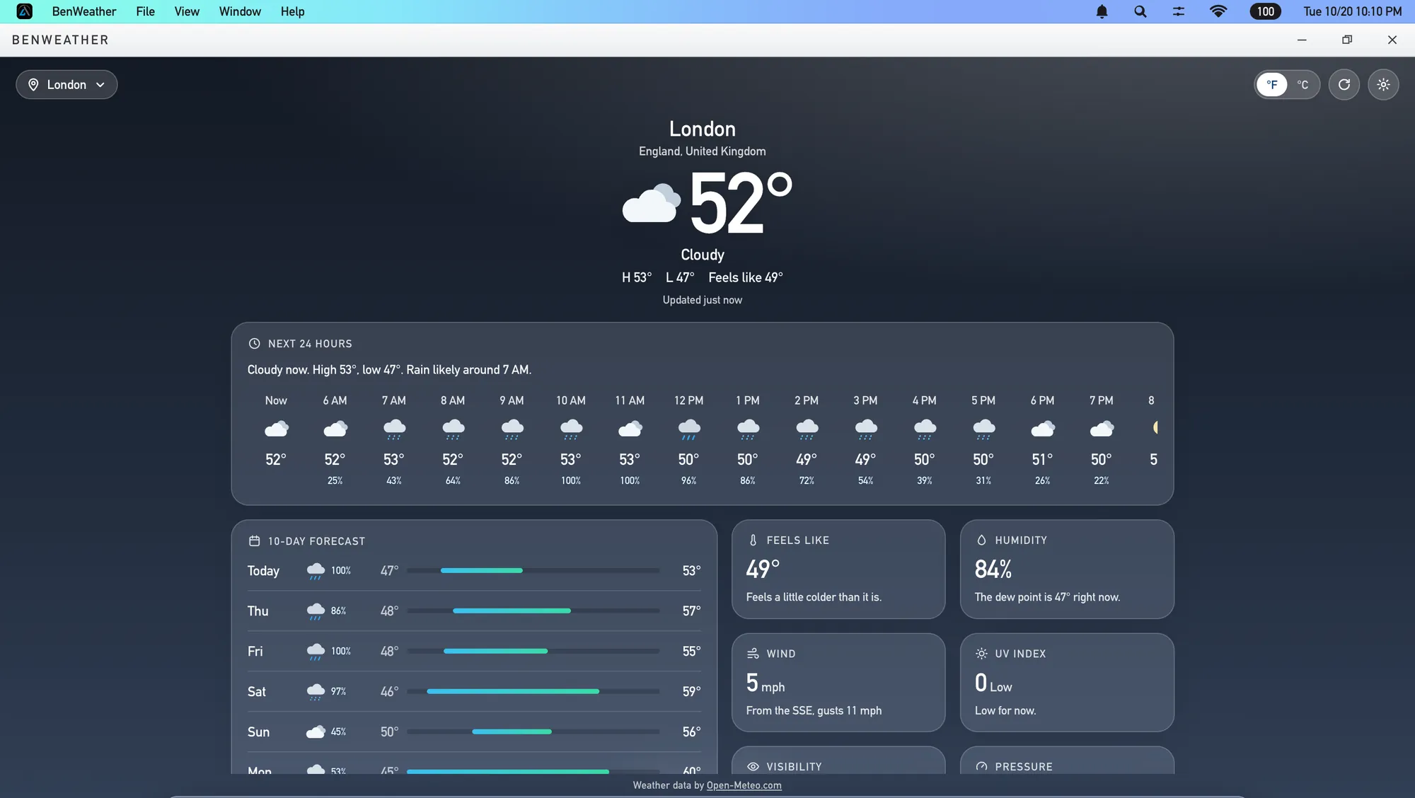 BenWeather showing a cloudy 52° in London, with hourly and 10-day forecasts