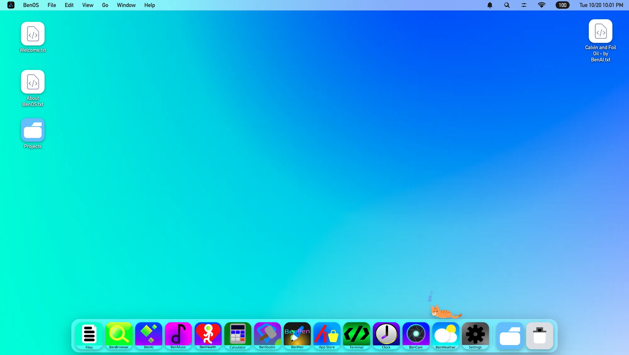 The BenOS Genesis desktop: an aqua and blue wallpaper, desktop files, and a dock with Files, BenBrowser, BenAI, BenMusic, BenHealth, Calculator, BenStudio, BenPen, App Store, Terminal, Clock, BenCam, BenWeather and Settings