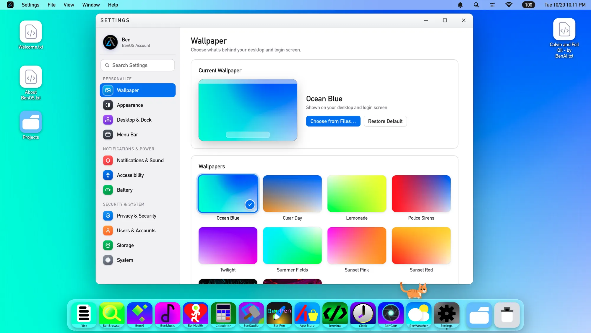 The Settings app on the Wallpaper page, with eight wallpapers to choose from