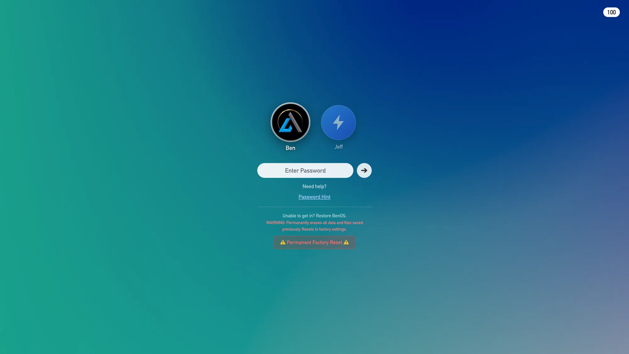 The BenOS Genesis sign-in screen with two user accounts